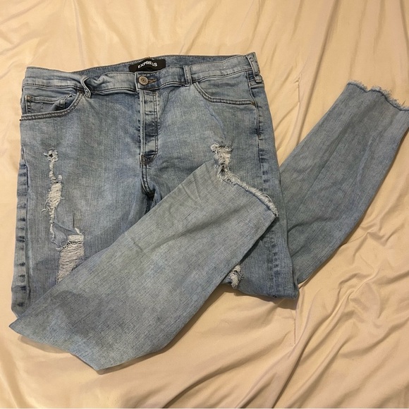 Express Skinny High Rise Jeans Women’s 14 Light Wash Distressed Button Fly - Picture 2 of 14